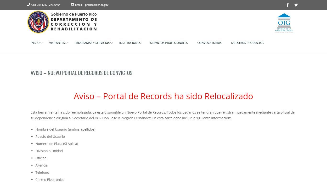 Aviso – Nuevo Portal de Records de Convictos – DCR - pr